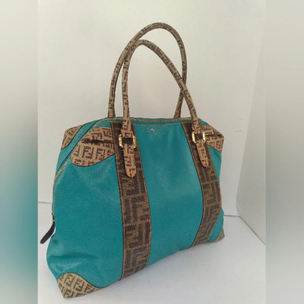 Fendi Zucca‎ Monogram Turquoise Canvas Leather Tote Bag Handbag Gold Hardware